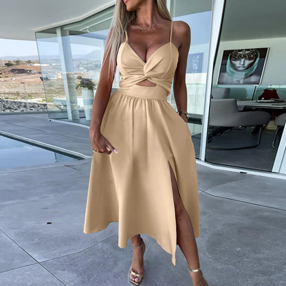 Chique V-hals jurk met open rug voor dames, elegante zomerjurk met gedraaide details en mouwloze stijl.
